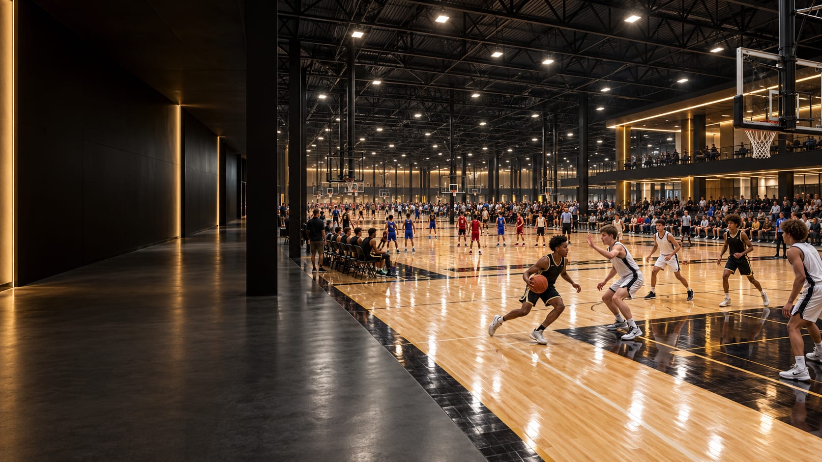 Youth basketball tournament inside a large indoor sports complex, with several games in progress and families watching from the stands.