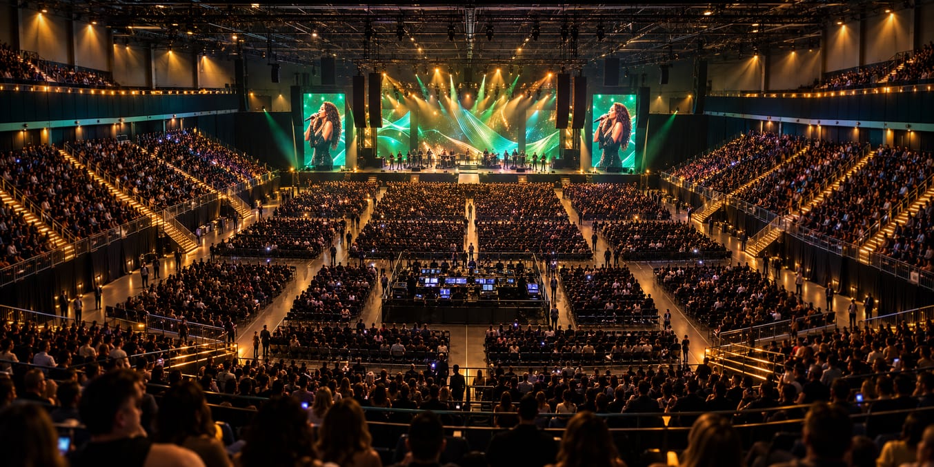 Concert in a large indoor arena, with a lit stage between two video screens and a full house in the seats.