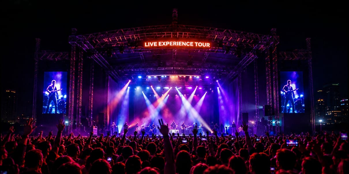 Concert stage at night with a crowd under coloured lights.