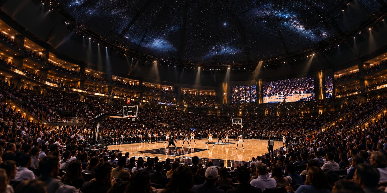 A championship basketball game under a dome lit like a night sky, with packed stands around the court.
