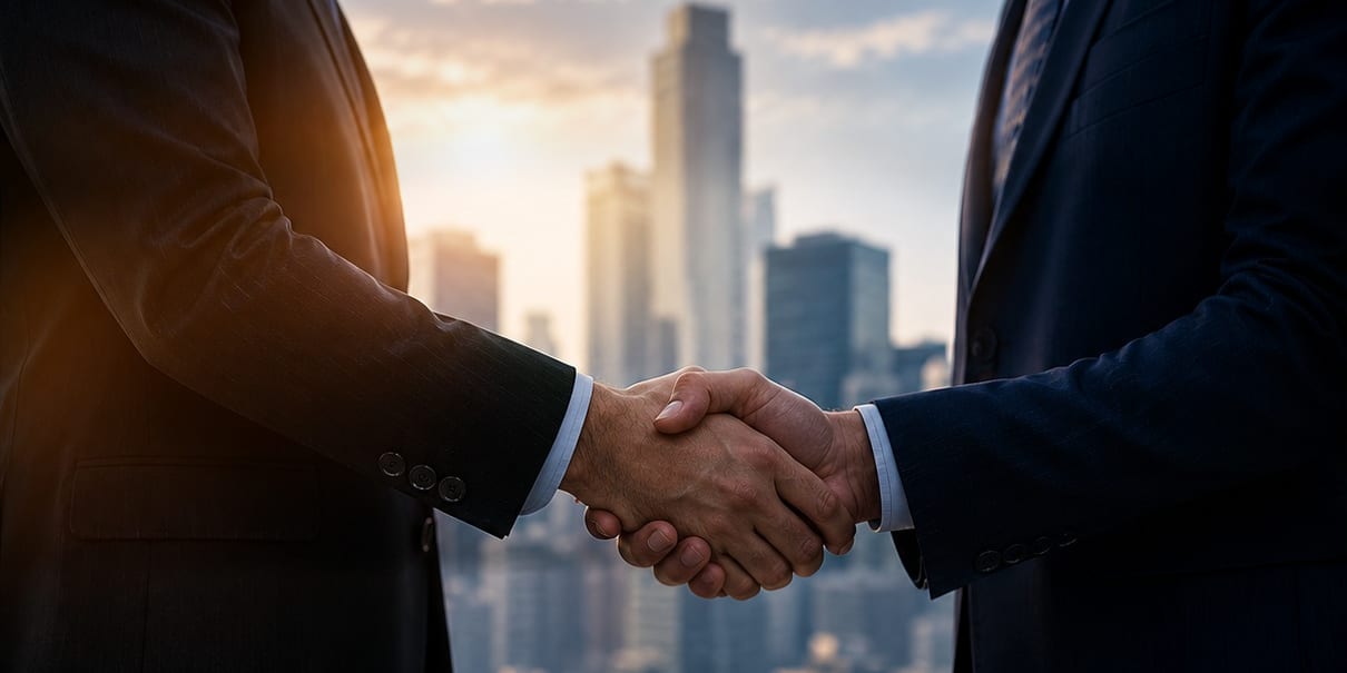 Two people in suits shaking hands in front of a city skyline.