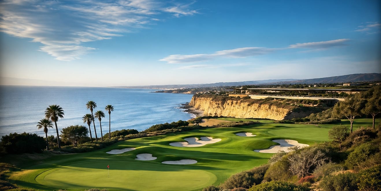 A golf course on a coastal bluff above the ocean.