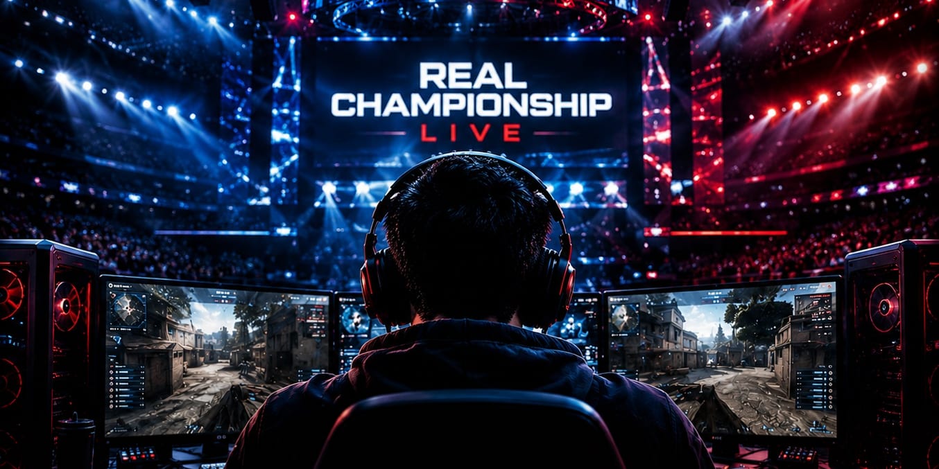 A gamer in a headset seen from behind, facing an arena stage.