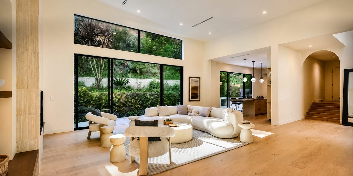 A bright living room opening onto a garden through large glass doors.