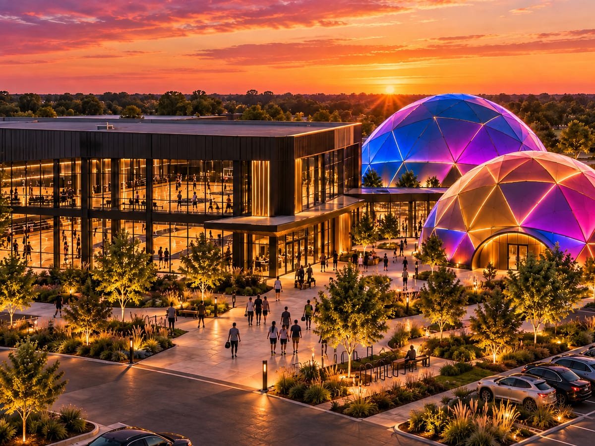 Exterior of a modern indoor sports complex at sunset, with lit courts visible through the glass and two glowing domes beside it.
