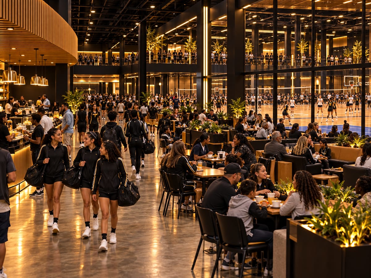 Busy concourse on a tournament day, with teams walking with gym bags and families eating at a café, and games visible through glass walls.