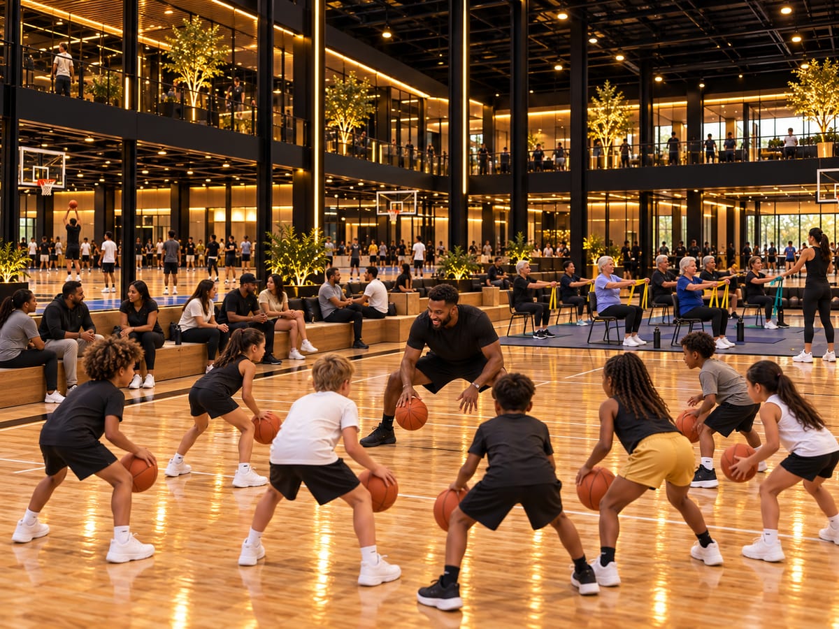 A coach leading kids through a basketball dribbling drill while seniors take a fitness class nearby and parents watch.
