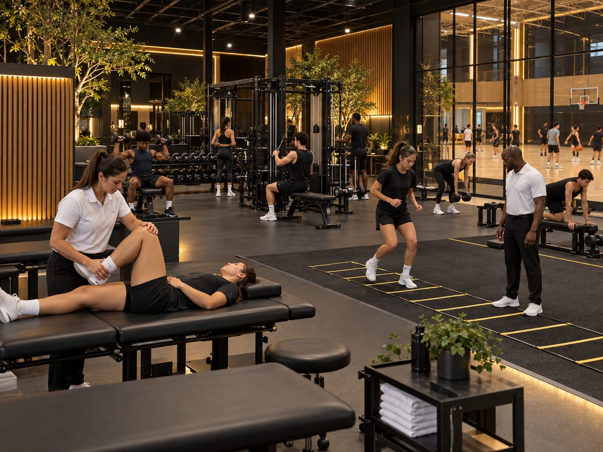 A physical therapist stretching an athlete’s leg while others train on an agility ladder and with weights.
