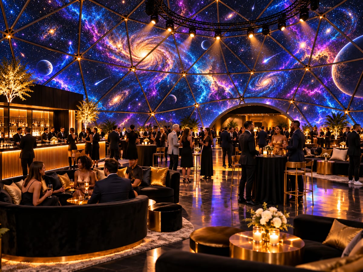 Evening private event inside an immersive dome, with guests in lounge seating under a galaxy projected across the dome.