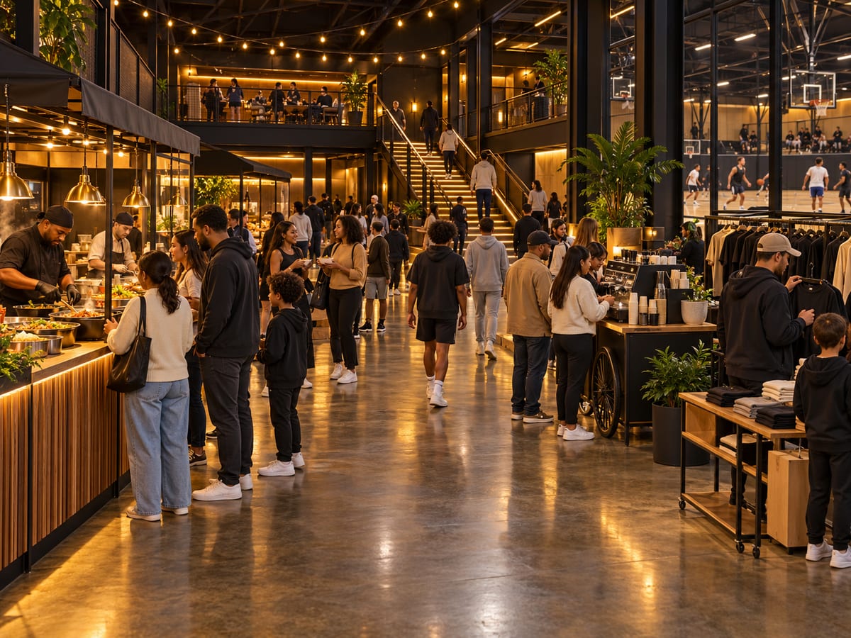 Indoor marketplace with local food vendors, a coffee cart and an apparel shop, with families browsing.