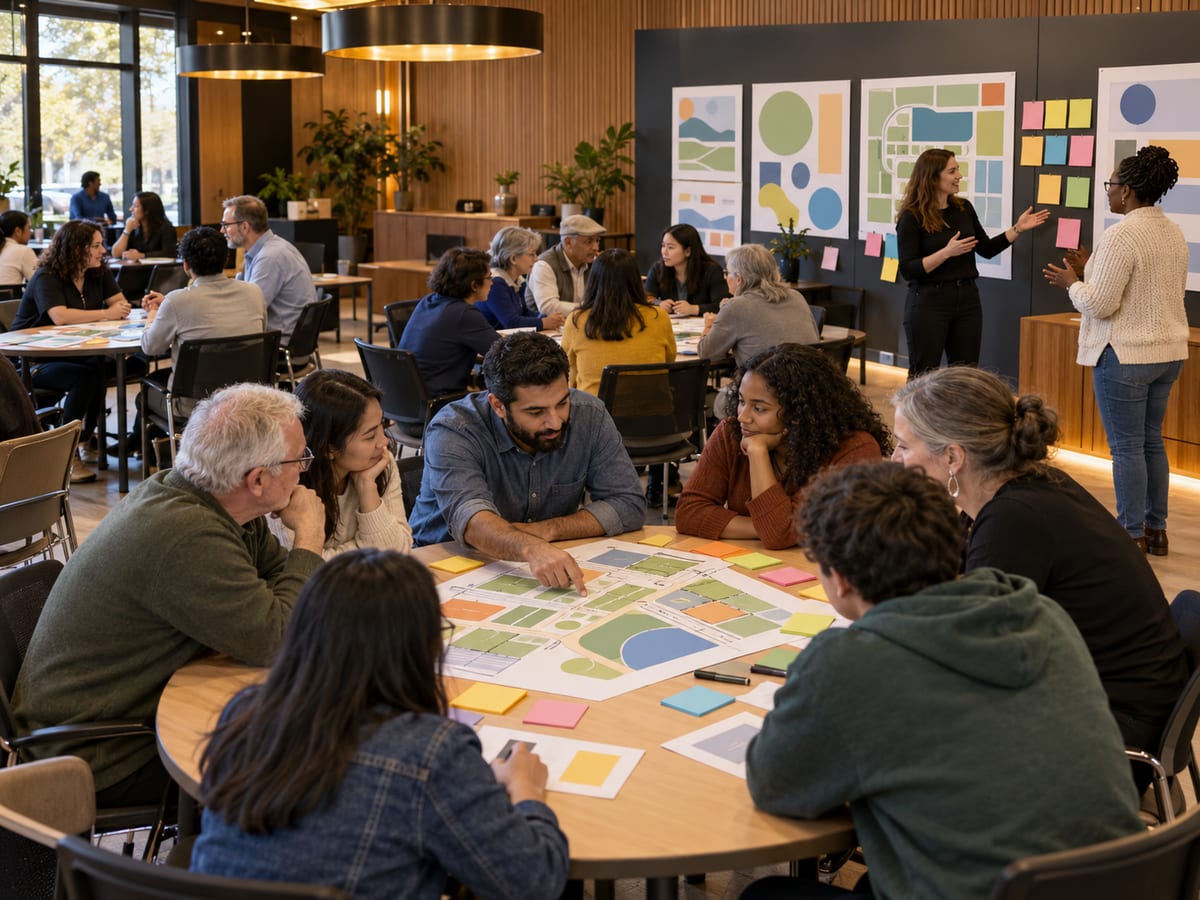 Residents, city staff and a project team at a community workshop, discussing site plans and ideas on sticky notes.