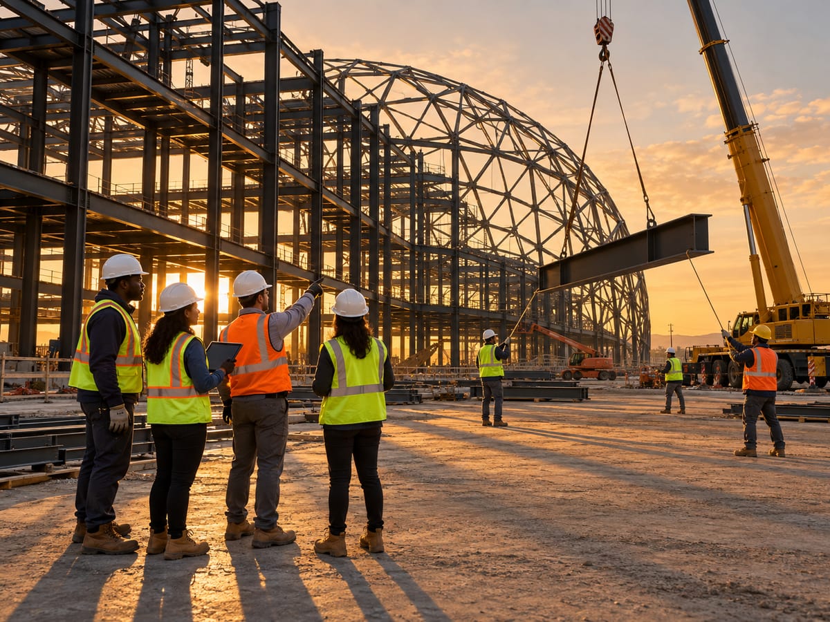 Project team in hard hats reviewing plans at a construction site as a crane lifts a steel beam beside a rising dome frame.