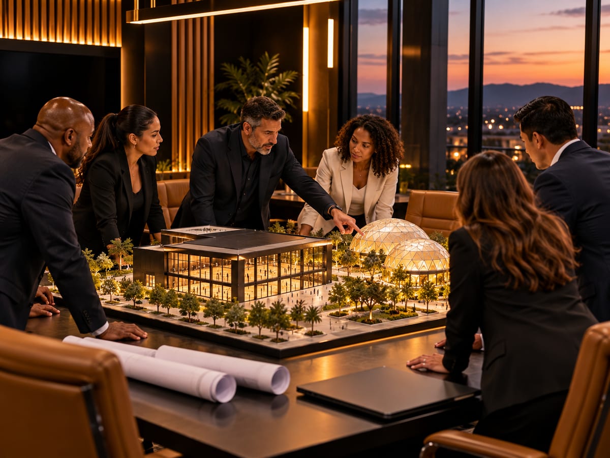 Partners around a conference table studying a scale model of a sports complex with two domes.