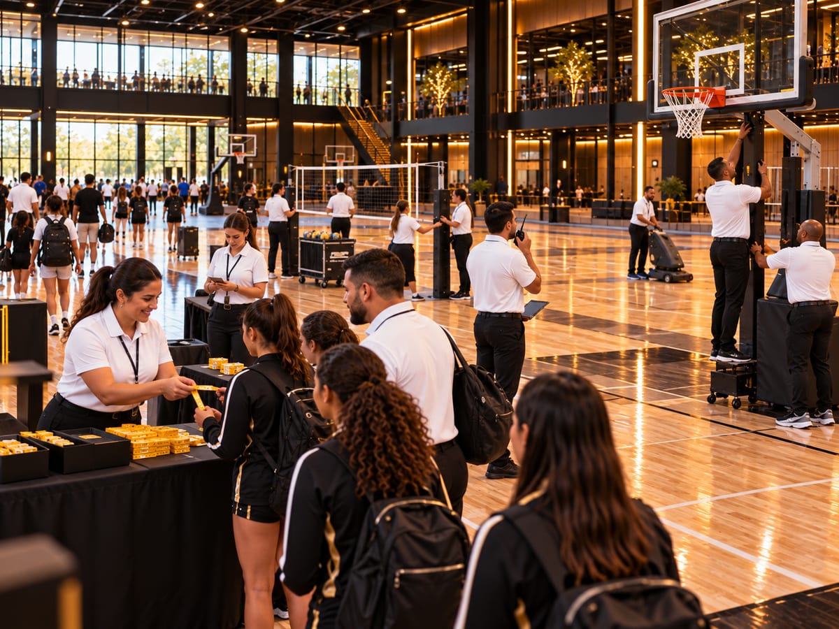 Venue staff checking in arriving teams at a tournament desk, with courts being set up behind them.