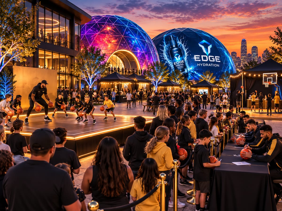 Evening fan festival outside two lit domes, one branded EDGE Hydration, with a basketball demo and a crowd along the ropes.