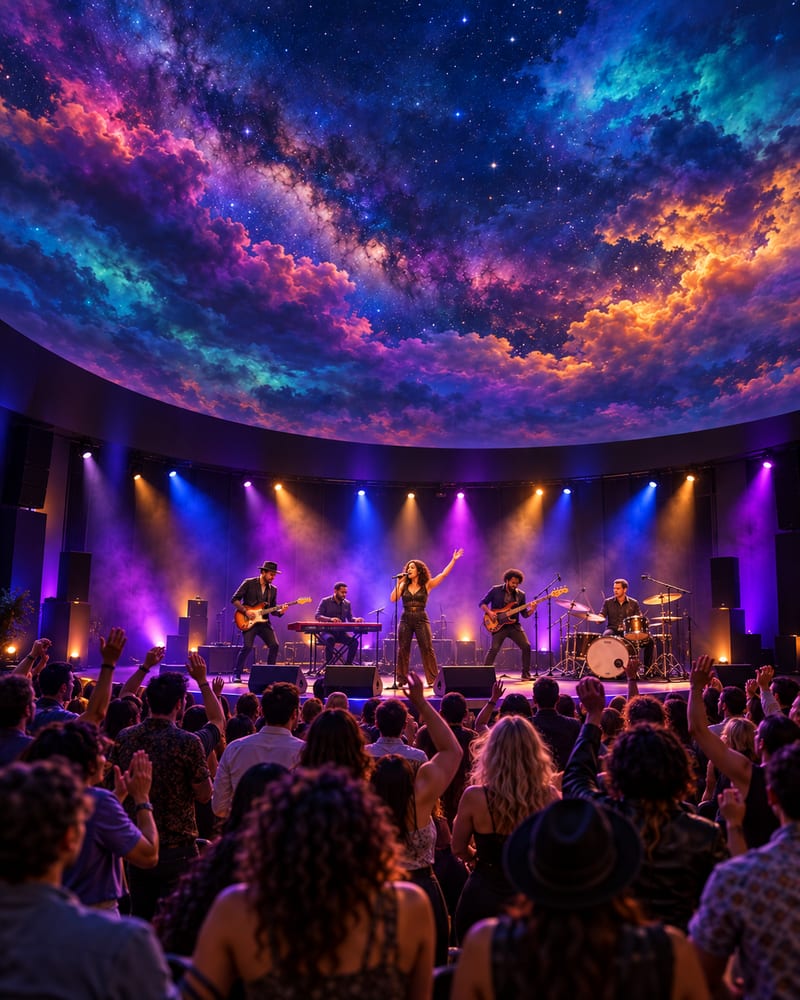 Live concert inside an immersive dome, with colorful projections across the curved ceiling and a crowd with raised hands.