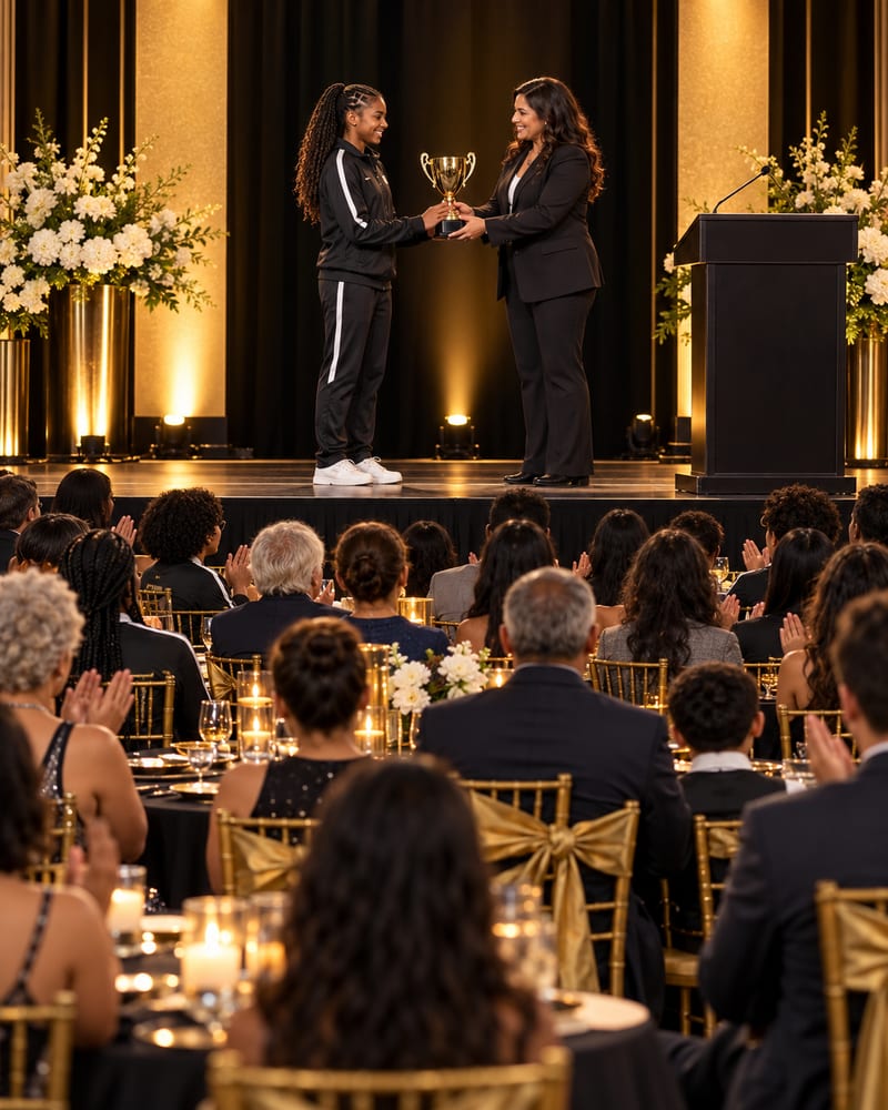 A young athlete receiving a gold trophy from her coach on stage at an awards night, with families applauding at candlelit tables.