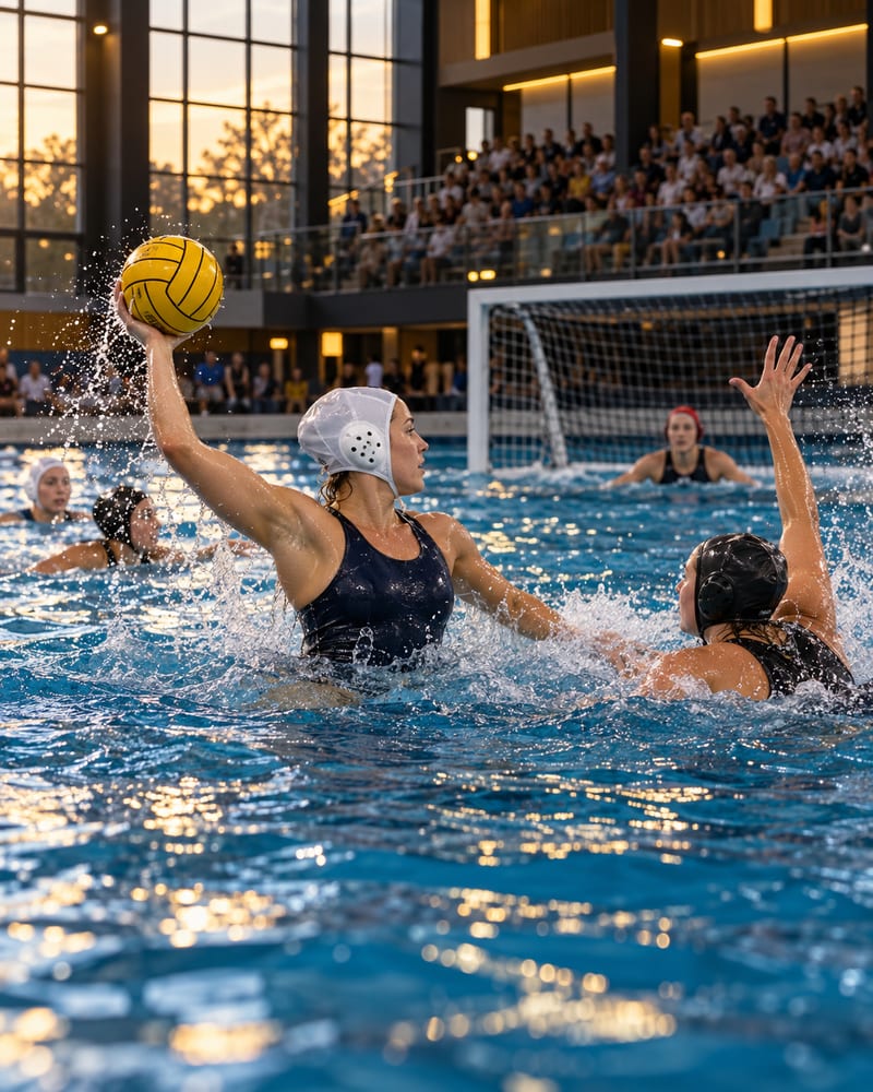 Women’s water polo match, with a player rising out of the water to throw the ball toward the goal.