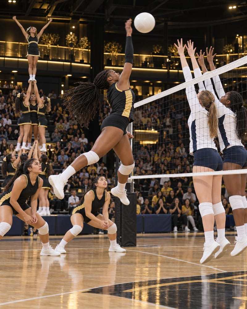 Girls’ volleyball player spiking the ball over the net as blockers jump, with a cheer team performing a stunt in the background.
