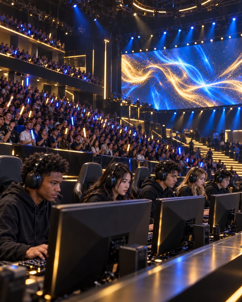 Young gamers with headsets competing at gaming stations in an esports arena, with fans cheering behind them.